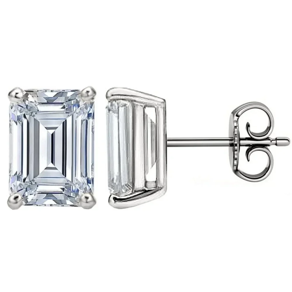 Certified 4ct. t.w. Moissanite Diamond Emerald Cut Stud Earrings NEW